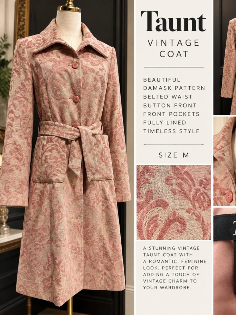 Vintage Taunt Pink Damask Tapestry Belted Coat Size M
